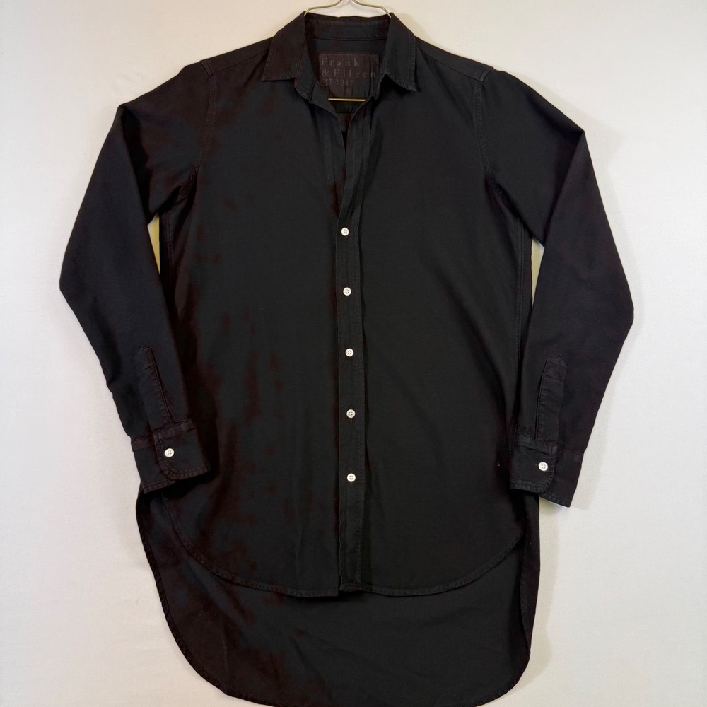 Frank & Eileen Grayson Button Up Shirt Women Small Black High Low Italian Cotton